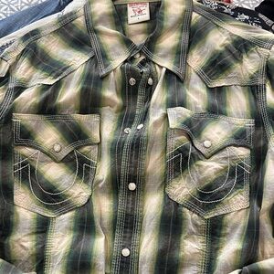 True Religion Green Plaid Western Snap Shirt